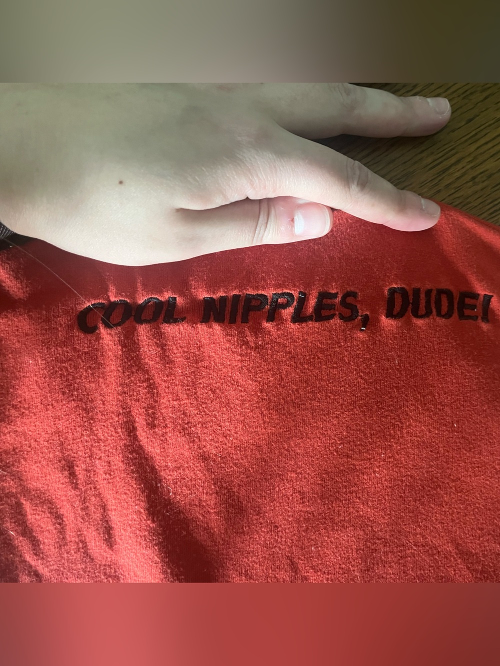 omighty Coral/Orange Tube Skirt with 'Cool Nipples, Dude' Embroidery